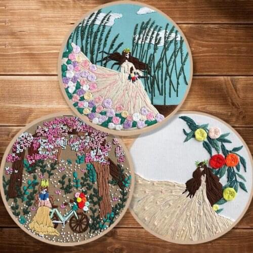 DIY Ribbon Flowers Embroidery Kit with Hoop for Beginner Needlework Set Flowers and Fairy Tales Cross Stitch Crafts Decoration