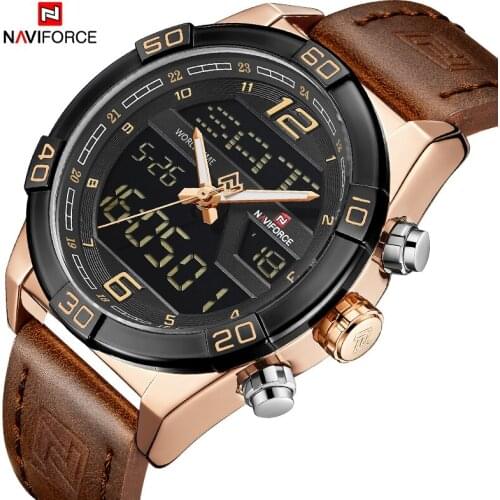 NAVIFORCE Mens Fashion Big Dial LED Digital Quartz Wrist Watch Waterproof Leather Men Military Sports Watches Relogio Masculino