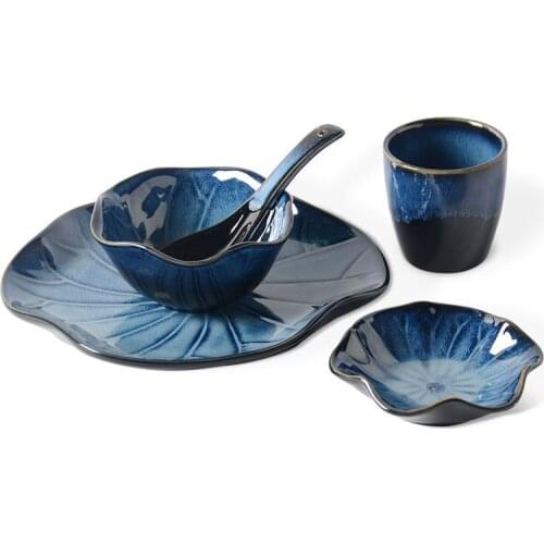 Porcelain Dinnerware Set for One Person Ceramic Dish Plate Sets Dark Blue Plates Porcelain Bowls