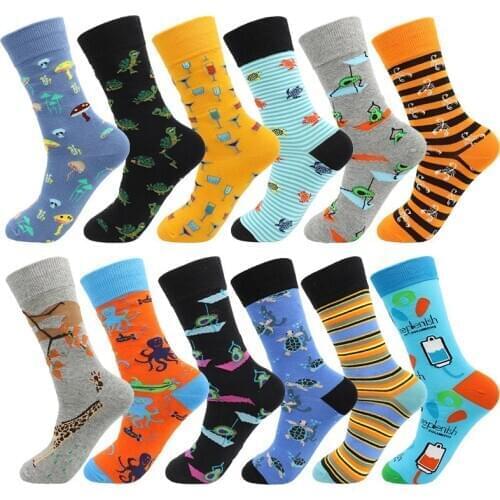 Peonfly High Quality Cotton Airplane Shark Beer Banana Tiger Dinosaur Pizza Dog Pattern Hip Hop Fun Happy Men Socks