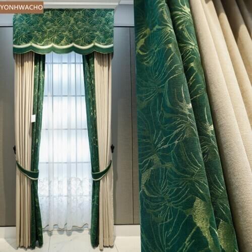 Custom curtain luxury Beige chenille stitching green chenille embroidery lace cloth blackout curtain valance tulle panel C168