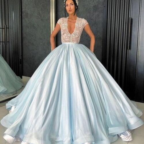 SuperKimJo Robes De Cocktail Vintage Prom Dresses Ball Gown Blue V Neck Short Sleeve Elegant Luxury Prom Gown Vestidos