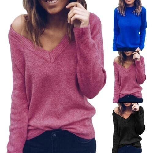 Autumn and winter woman sleeve sexy V-neck sweater fashion simple solid color wild sweater casual loose collar pullover shirt