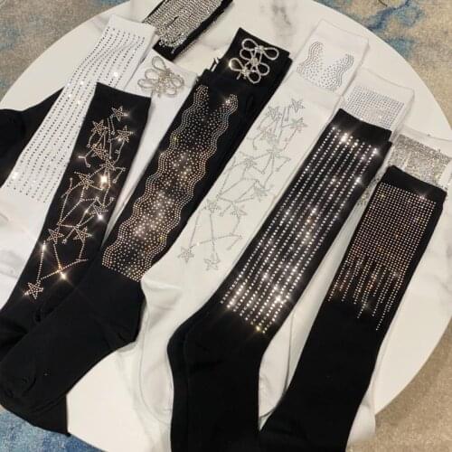 2021 Summer Bow Tie Diamonds Stamping Crystal Beading Shiny Black Socks Middle Tube Baseball Socks Female