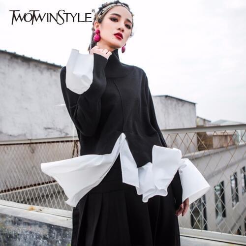 GALCAUR Patchwork Knitting Pullover Female Turtleneck Irregular Split Draped Flare Sleeve Tops 2020 Spring Fashion Clothing