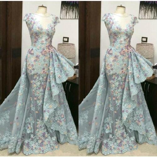 Sheer Short Sleeves Slim Mermaid Evening Dresses With Overskirt Lace Appliques Bead Peplum Sweep Train Prom Gowns