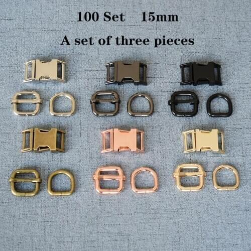 100 Set (A) 15mm Metal D Ring+Adjustable+Release Buckle DIY Dog Collar and Leash Accessories 3JT15mm7826L
