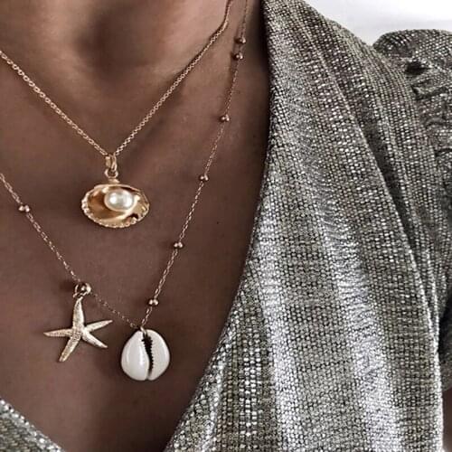 2 Pcs/Set Bohemian Fashion Necklaces Retro Shell Starfish Scallop Pearl Pendant Double Necklace Women Classic Beach Jewelry