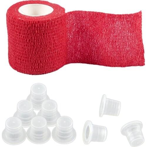 200Pcs Tattoo Ink Cups Caps Supplies & 1Pcs Self Adherent Adhesive Free Grip Comfort Wrap Cover Tattoo Handle Red