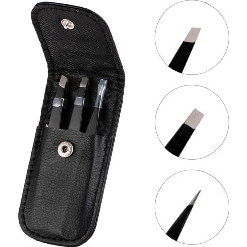 3 PCS/Set Hair Removal Makeup Tools Eyebrow Tweezers Stainless Steel Point Tip/Slant Tip/Flat Tip Accessory with Black Bag Case