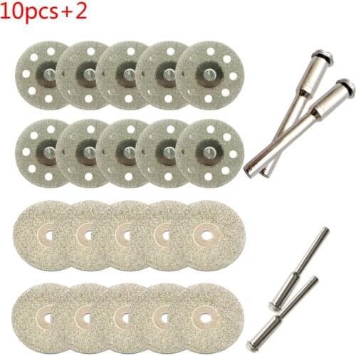 10pcs/set 22/30mm Mini Diamond Saw Blade Silver Cutting Discs with 2X Connecting Shank for Dremel Drill Fit Rotary Tool