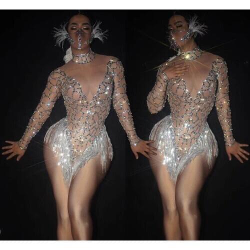 Sparkly shinning jumsuit Silver Rhinestones Nude bodysuit sexy women party girl stage dance costume