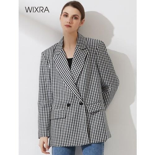 Wixra Women Plaid Double Breasted Blazer Vintage Coat Fashion Notched Collar Long Sleeve OL Ladies Outerwear Classic Top