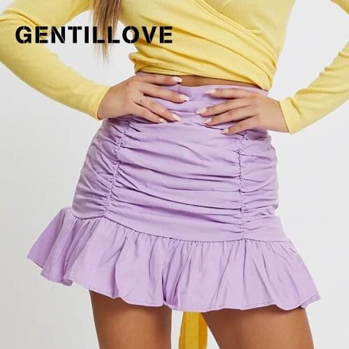 Gentillove 2021 Womens Solid Color Summer Pleated Tight-Fitting Bag Hip Ruffled Zipper High Waist Fishtail Girl Basic Skirt