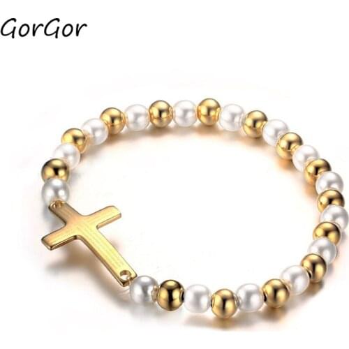 GorGor 2020 Trendy Classic Stainless Steel Beads Between Gold Color Cross Bracelet for Fashion Student Jewelry Gift BR-276