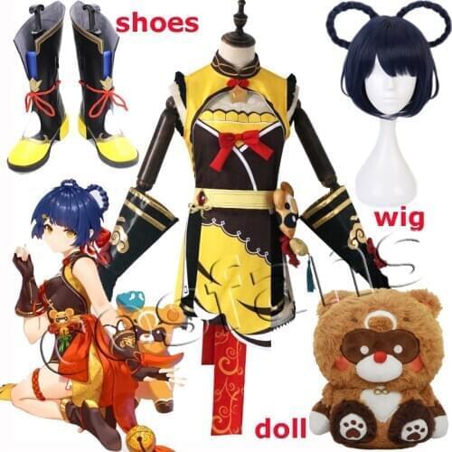 Genshin Impact Xiangling Cosplay Costume Head Chef Outfit Halloween Xiangling Cosplay Wig Genshin Impact Xiang ling Cosplay Hair