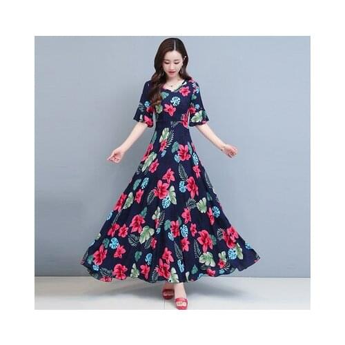 Fashion Summer Dress Women Chiffon Floral Print Half Bell Sleeve V-neck Long Vestidos Sukienki Robe Ropa Mujer 3640