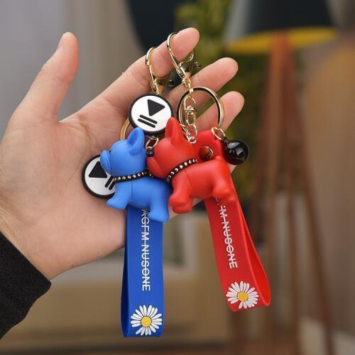 Trendy Silicone Daisy Bulldog Keychain Car pu Leather Band Keyfob Resin Dog Animal KeyRing Pendant Bag Trinket Chaveiros Jewelry