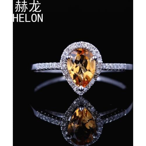 Solid 14k (585) white Gold 7X5mm Pear Genuine Citrine & Real Natural Diamonds Ring Engagement Wedding Gemstone Fine Jewelry Ring