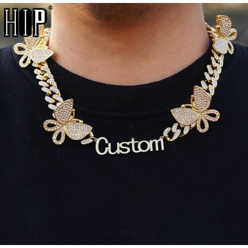Hip Hop Name Necklace Custom Letter With 13MM Butterfly Iced Out Cuban Chain Stainless Steel Initial Letters Personalized Choker