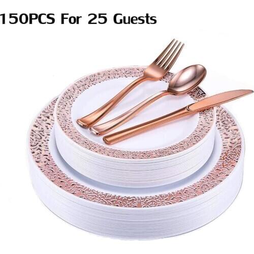 Rose Gold Plastic Plates with Disposable Silverware,Lace Design Wedding Party Plastic Tableware Sets -150pcs