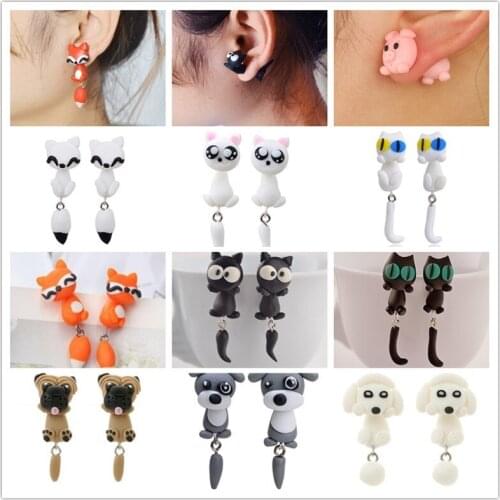 Pop Handmade Polymer Clay Animal Stud Earrings for Women Cute 3D Cartoon Colorful Jewelry Lovely Flower Fox Pig Dog Cat Stitch