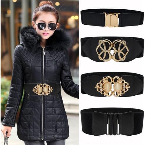 New black waistband lady gold big opal buckle wide cummerbunds wedding dress Elastic Stretch Waist Belt coat cummerbunds women