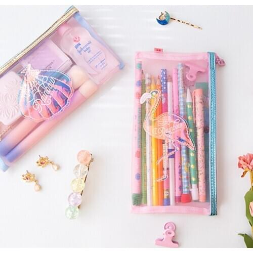 Transparent Pencilcase Kawaii Pencil Case for Girls Cute Laser Flamingo Shell Penalty Pen Case Penal Box Stationery Cosmetic Bag