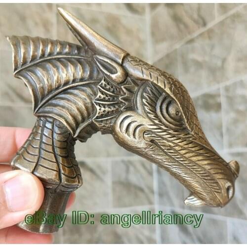 Bronze Brown Patina sea Birds Dragon Beast Statue carved Cane Walking Stick Head