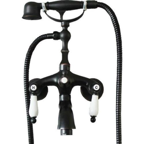 Telephone Style Oil Rubbed Bronze Wall Mounted Dual Porcelain Handles Bathroom Tub Shower Faucet Set w / Handheld Shower atf017