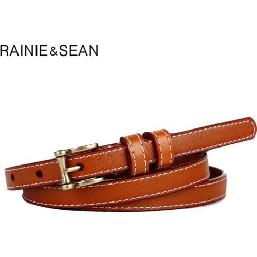 RAINIE SEAN Skinny Leather Women Belt Genuine Leather Female Vintage Brown Thin Belt Woman Brown Pin Buckle Cowskin Belt