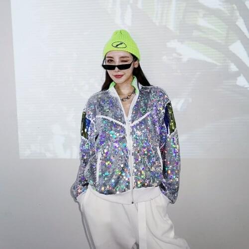 Heavy Sequins Stitching Contrast Color Jacket Fashion Stand Collar Zipper Casual Jackets for Women Spring Clothes 2021