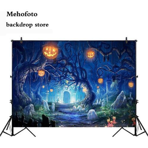Mysterious Forest Old Trees Halloween Backdrop Pumpkin Lanterns Black Cats Kids Children Night Party Photo Background