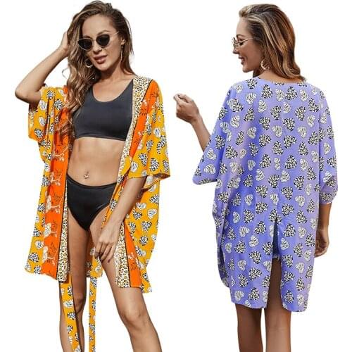 Women Summer Swimsuit Cover Girls Leopard Floral Print Lace-Up Half Sleeves Sun-Proof Smock Beachwear Mini Dress Saida de Praia