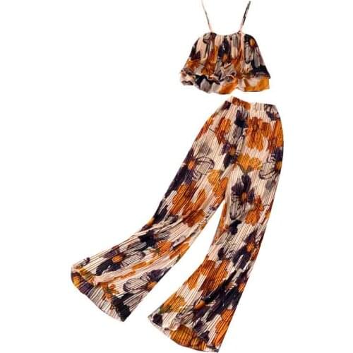 Womens Summer Sets Vacation Style Printed Short Camisole Pleated High-waist Wide-leg Pants Two-piece New Casual Sets
