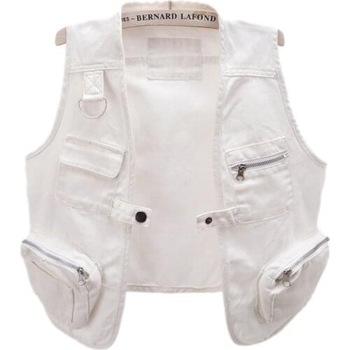 Summer Fashion White Denim Vest Women Cardigan Waistcoat Slim Short Big Pocket Sleeveless Jacket Coat Student Jeans Vests Female