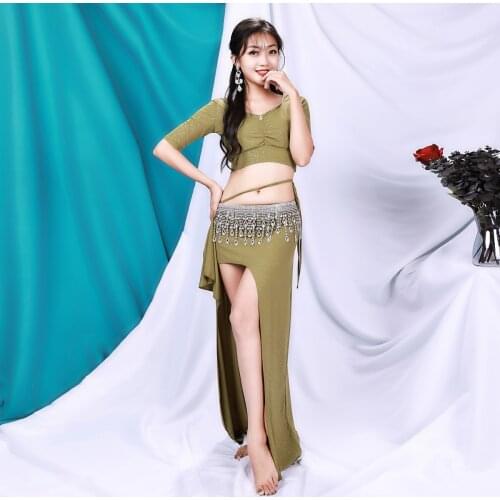 Belly Dance Short Sleeve Shirt Exercise Clothes 2021 New Set Of Long Split Skirt+Top Female Belly Dance Competition Costumes