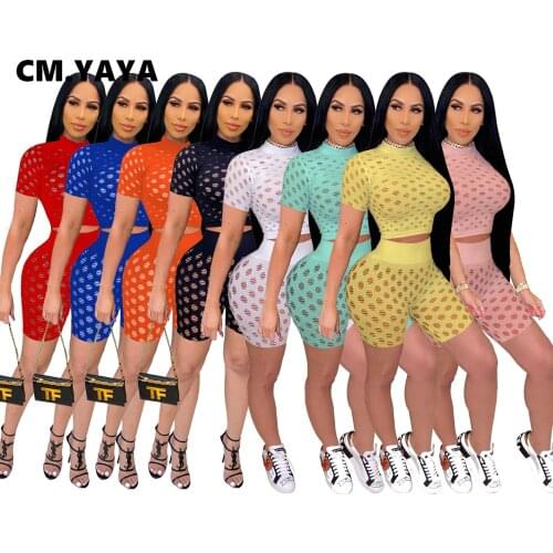 CM.YAYA Gauze Hollow out Women Two 2 Piece Set Outfit Fashion Active Tracksuit T-shirt and Shorts Matching Set Yoga Sweatsuit