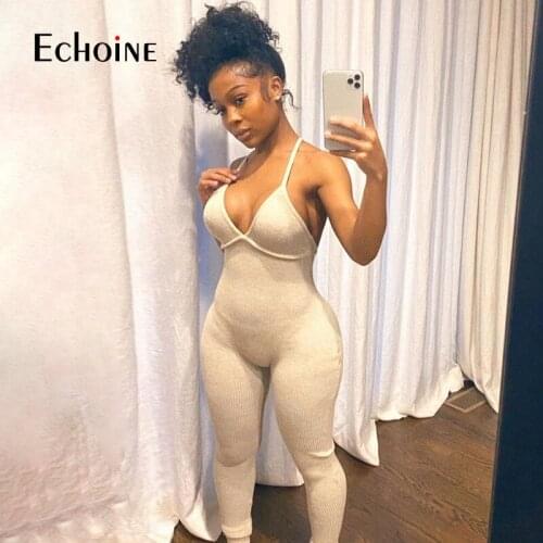 Echoine Women Sexy Fitness Ribbed Knitted Jumpsuit Body Suit Lace Up V-Neck Rompers Female Bodysuits Casual Playsuits Overalls