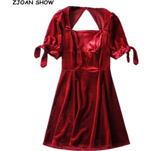 Retro Hollow Out Backless Velvet Dress Puff Sleeve Women Square Collar Short Velour Holiday Dresses