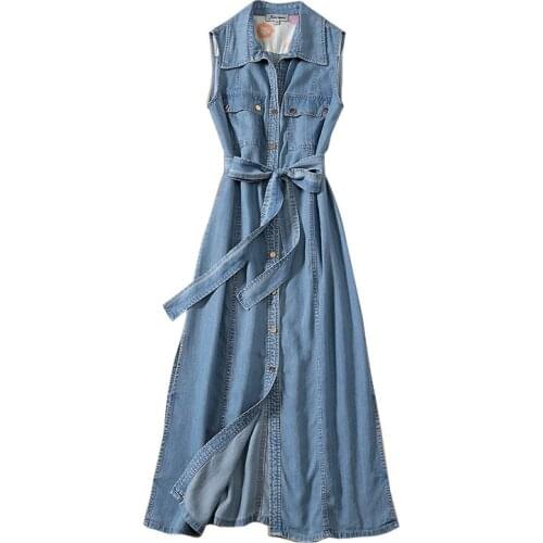 Denim New ice silk fashion and personality with split rivet clasp cultivate morality joker woman dress