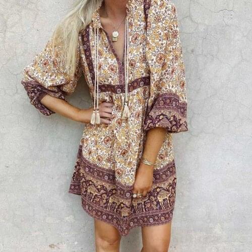 Super Chic Vintage Floral V-neck Long Sleeve Mini Dress Women 2021 New Cotton Boho Dress Plus Size Bohemian Summer Beach Dress