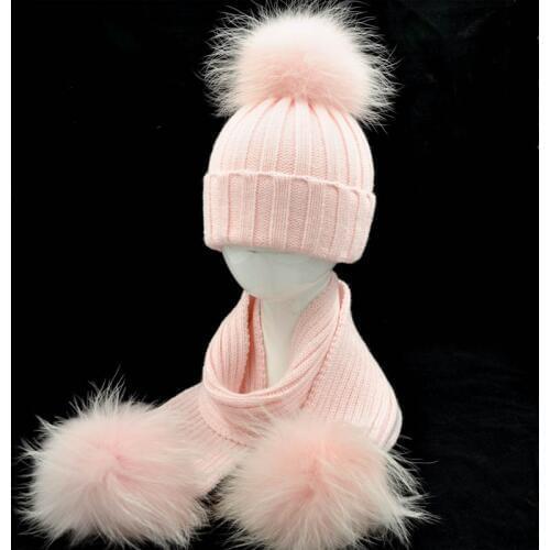 Winter Baby Kids Hat and Scarf Set Warm Thick Stretchy Knitted Beanie Boys and Girls Fur Pom Pom Cap and Scarf Set for Children