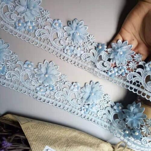 2 Yard Blue 9cm Pearl 3D Flower Tassel Lace Trim Ribbon Fabric Embroidered Applique Sewing Craft Wedding Dress Clothes New