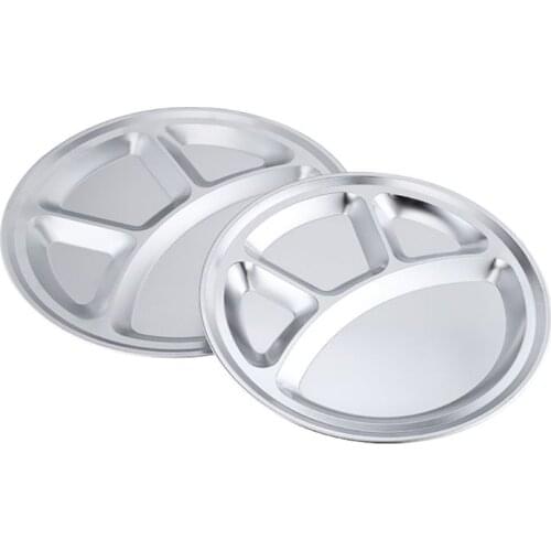 4Pcs 32CM Silver Stainless Steel 4 Sections Round Divided Plate Dish Snack Dinner Tray Lunch Tableware