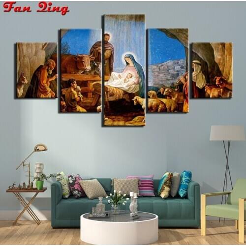 5pcs diamond painting cross stitch artwork Diy round diamond Mosaic Full embroidery Rhinestones Nativity of the straw house