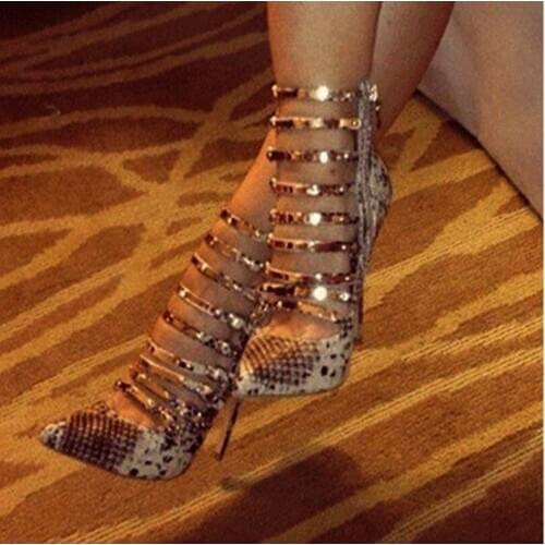 Free Ship Snake Print Leather Shoes Gold Trim Metal Decoration High-heeled Shoes Pointed Toe Women Pumps Cut-out Dress Shoes