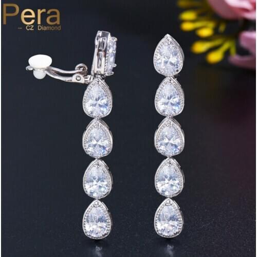 Pera Designer Shiny Dangle CZ Crystal Wedding Party Long Waterdrop Clip On Earrings No Hole Piercing Ear Jewelry for Women E482