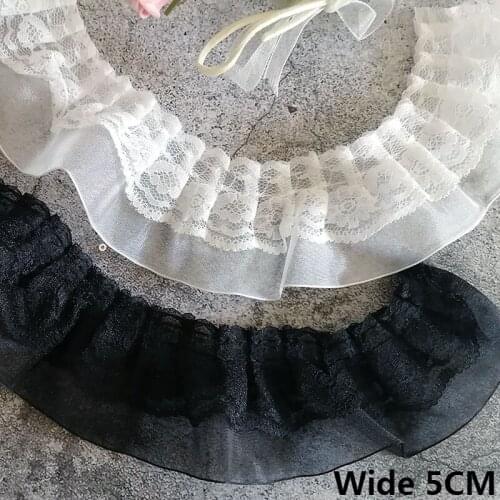 5CM Wide White Black Double Layers Organza 3d Pleated Fabric Embroidered Fringe Ribbon Ruffle Trim Dress Guipure Sewing Decor