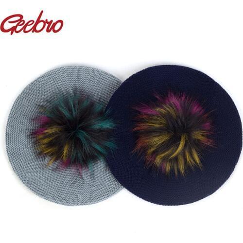 Geebro Slouchy Fashion Knitted Beret For Women Acrylic Hats Faux Fur Pom Pom Casual Bonnet Caps Female Solid Artist Baggy Beret